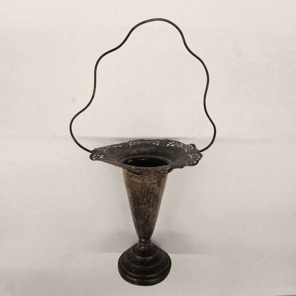 Vintage‎ Bridal Silver Metal Flower Vase with Handle Pedestal Bud Decor Display